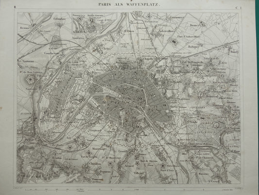Oude kaart van Parijs 175+ jaar oude antieke landkaart van Parijs met forten uit 1849 originele vintage kaarten