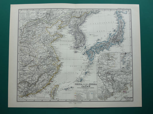 CHINA KOREA JAPAN oude gedetailleerde kaart uit 1878 originele antieke landkaart vintage poster Tokio Guangzhou Shanghai Taiwan