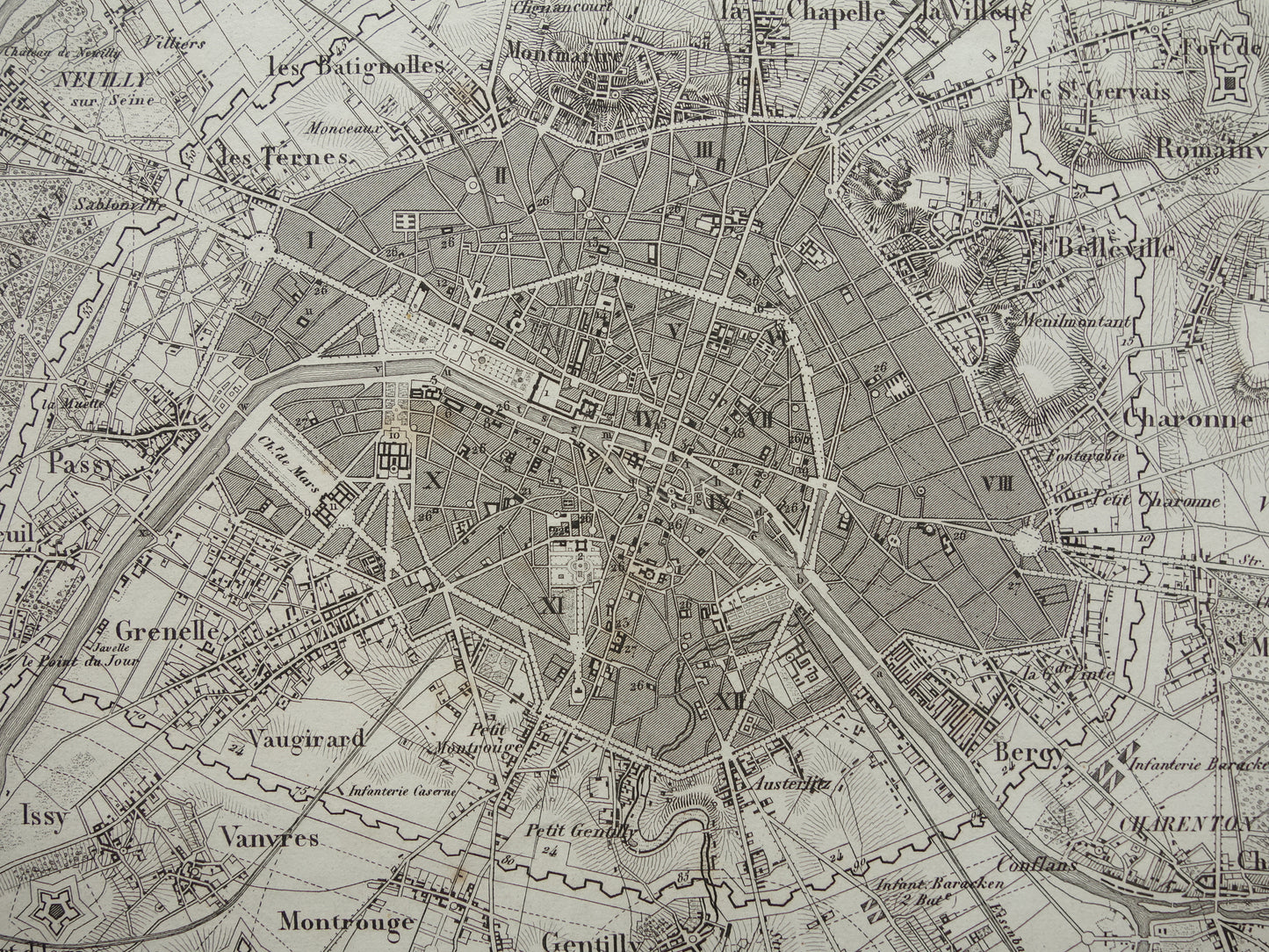 Oude kaart van Parijs 175+ jaar oude antieke landkaart van Parijs met forten uit 1849 originele vintage kaarten