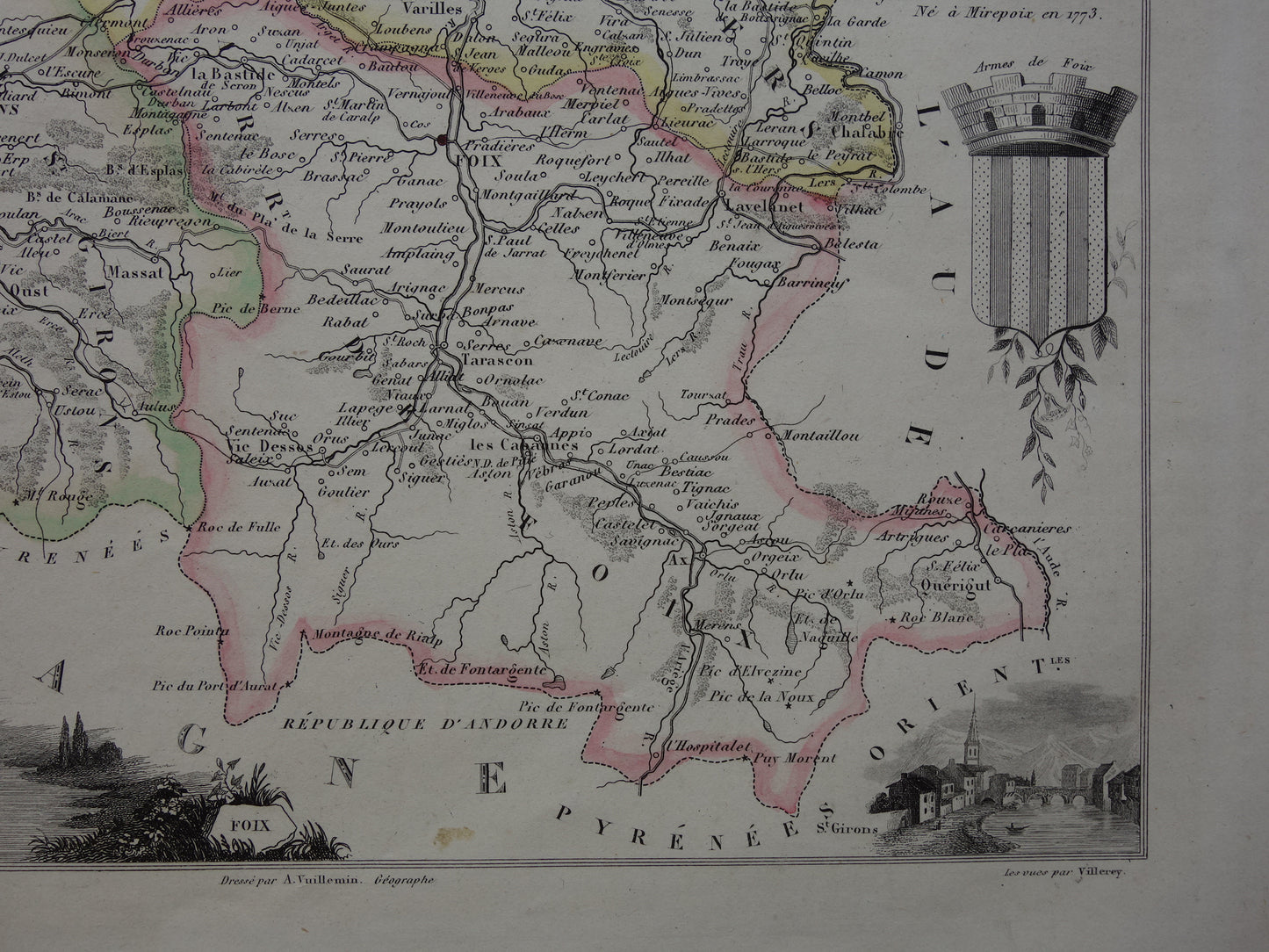 ARIEGE Frankrijk oude kaart uit 1856 originele antieke handgekleurde landkaart departement Ariége Foix