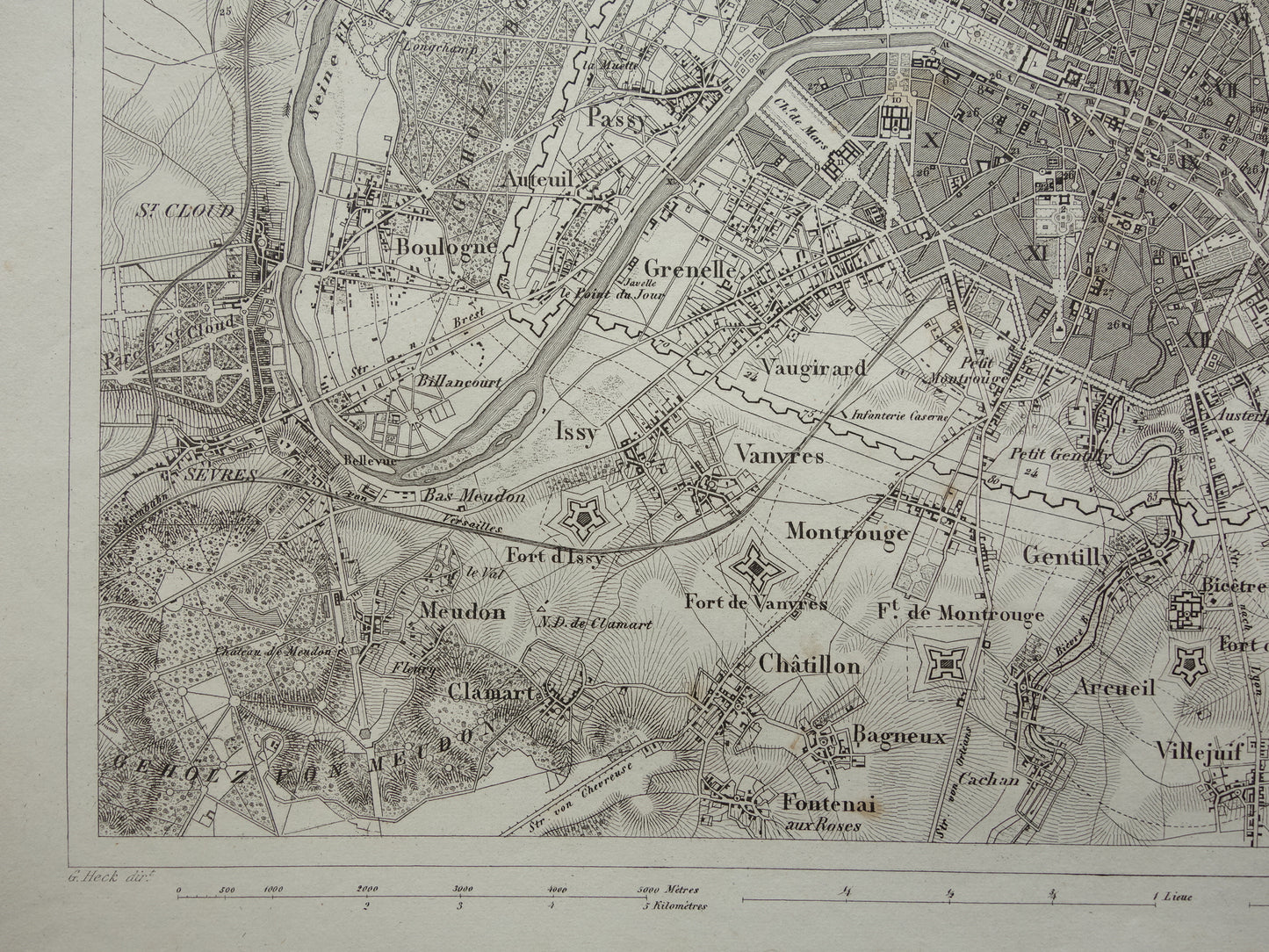 Oude kaart van Parijs 175+ jaar oude antieke landkaart van Parijs met forten uit 1849 originele vintage kaarten