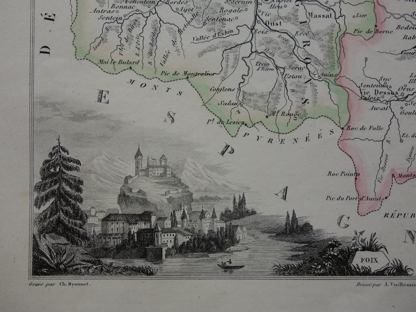 ARIEGE Frankrijk oude kaart uit 1856 originele antieke handgekleurde landkaart departement Ariége Foix