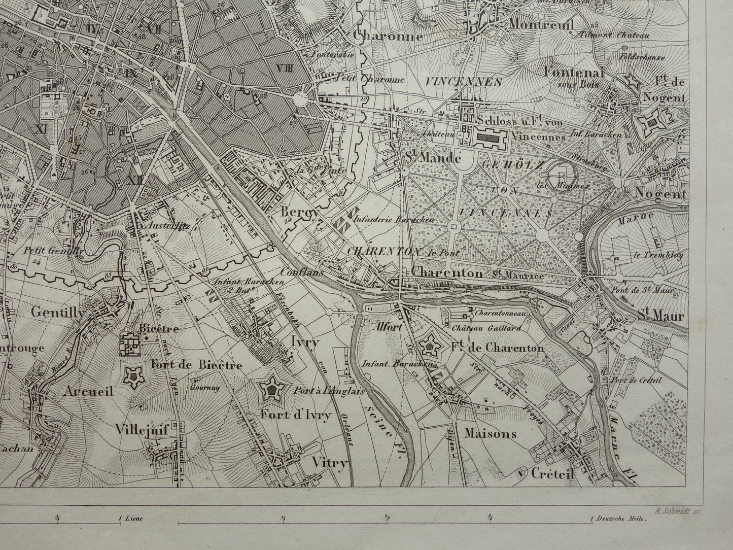 Oude kaart van Parijs 175+ jaar oude antieke landkaart van Parijs met forten uit 1849 originele vintage kaarten