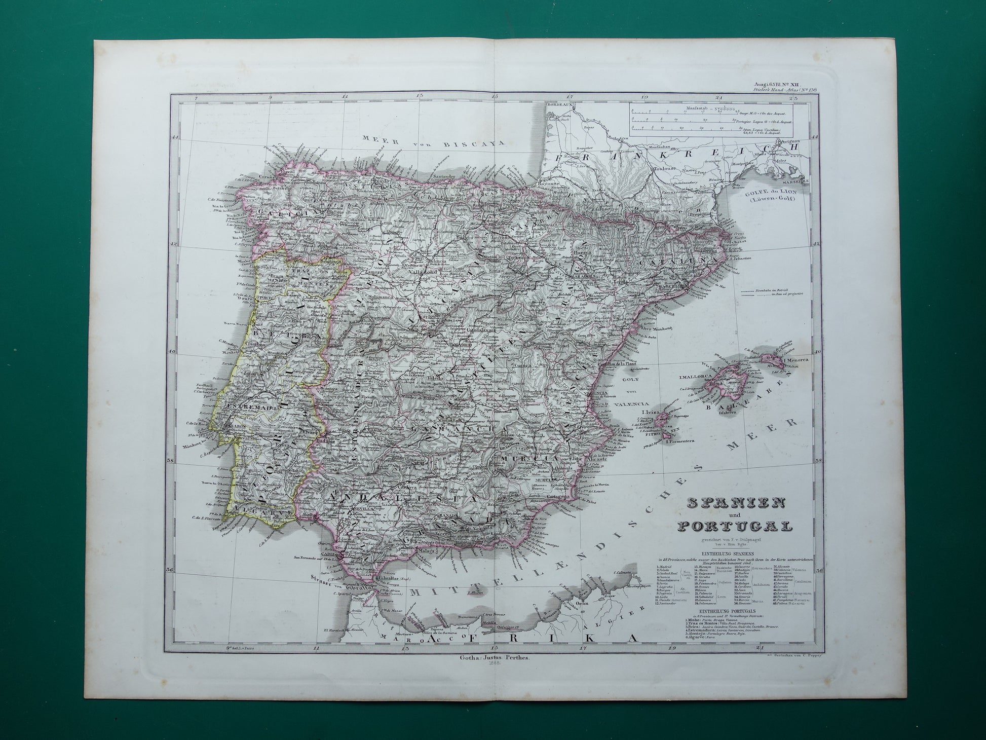 SPANJE Oude kaart van Spanje en Portugal uit 1868 originele antieke landkaart met jaartal