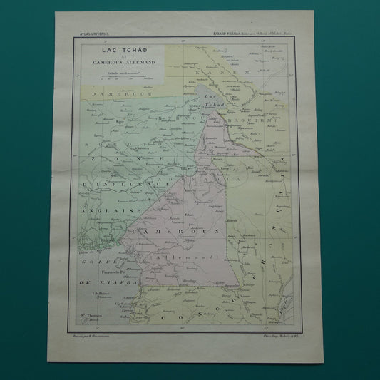 Oude kaart van Duits Kameroen 1896 originele antieke kaart Tsjaadmeer Afrika vintage kaarten Tsjaad Lake Chad