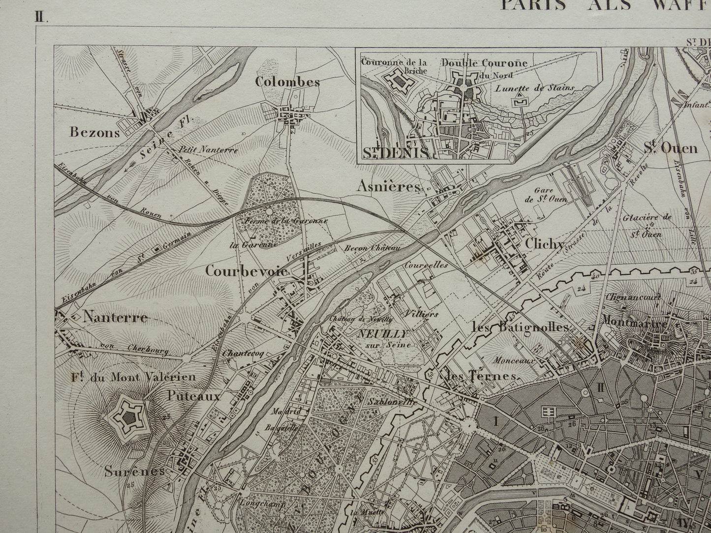 Oude kaart van Parijs 175+ jaar oude antieke landkaart van Parijs met forten uit 1849 originele vintage kaarten
