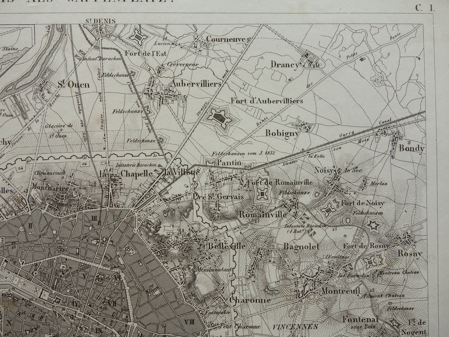 Oude kaart van Parijs 175+ jaar oude antieke landkaart van Parijs met forten uit 1849 originele vintage kaarten
