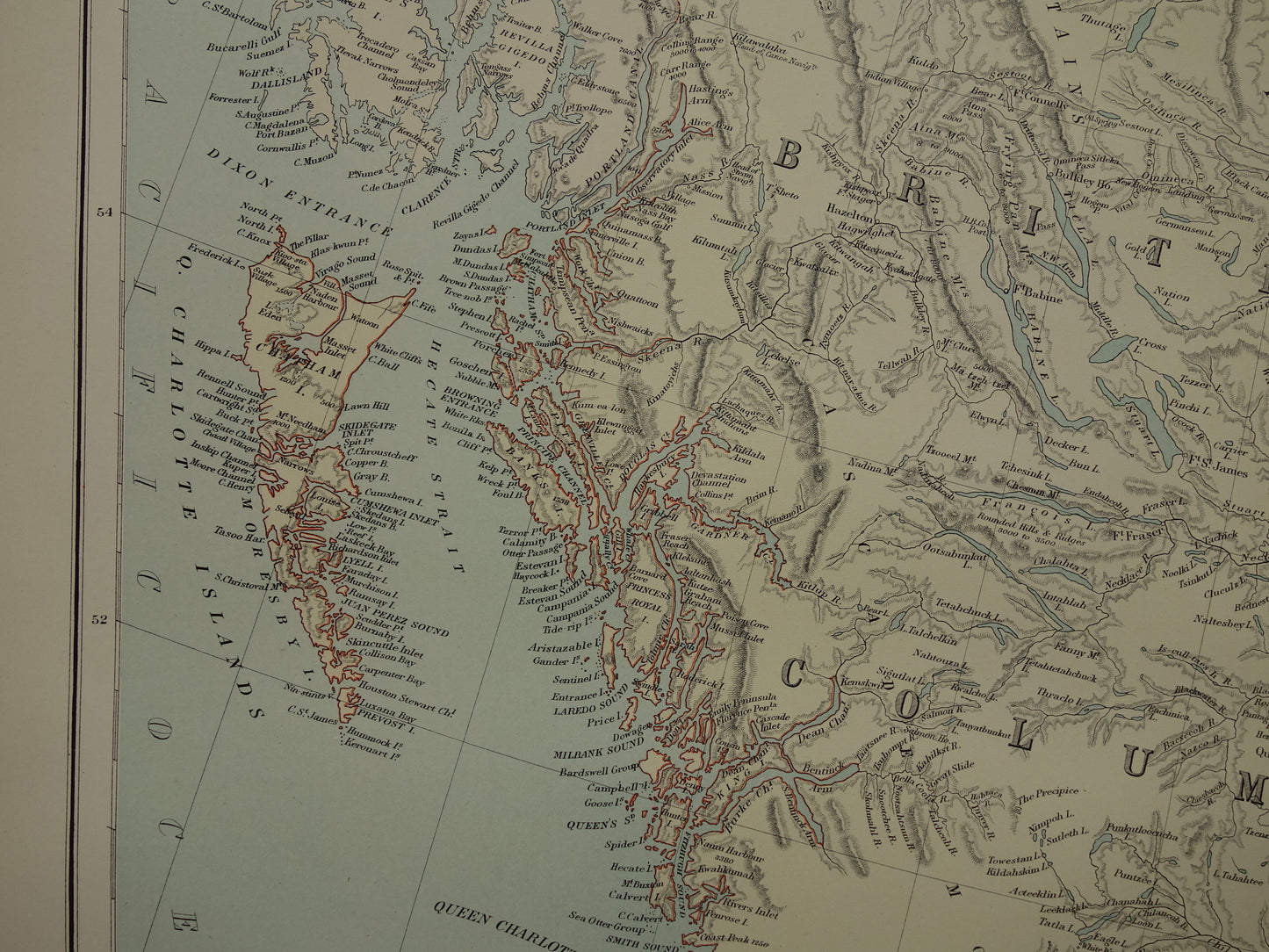 CANADA Grote oude kaart van British Columbia Athabasca Alberta 1890 antieke Engelse landkaart poster