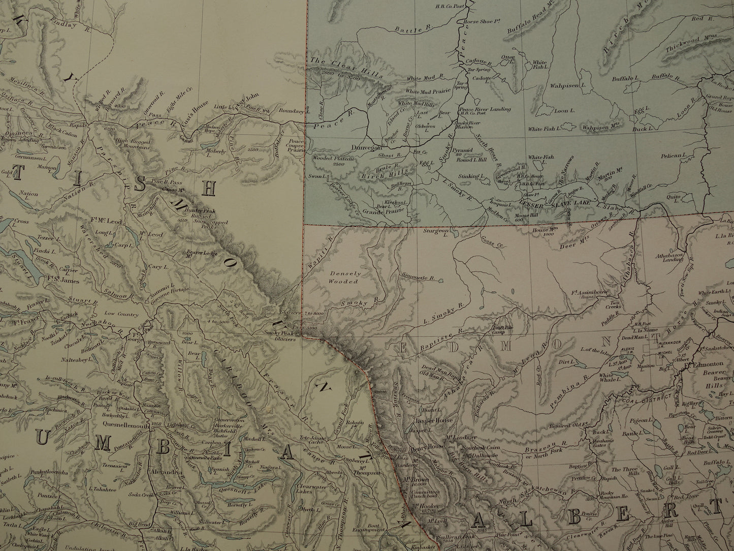CANADA Grote oude kaart van British Columbia Athabasca Alberta 1890 antieke Engelse landkaart poster