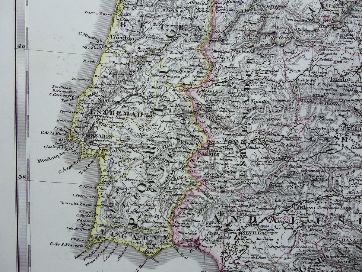 SPANJE Oude kaart van Spanje en Portugal uit 1868 originele antieke landkaart met jaartal