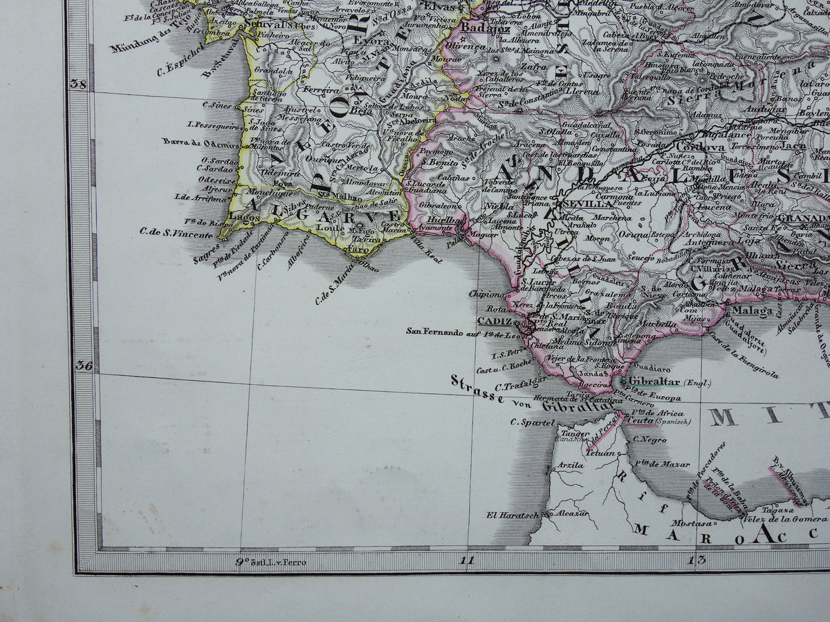 SPANJE Oude kaart van Spanje en Portugal uit 1868 originele antieke landkaart met jaartal