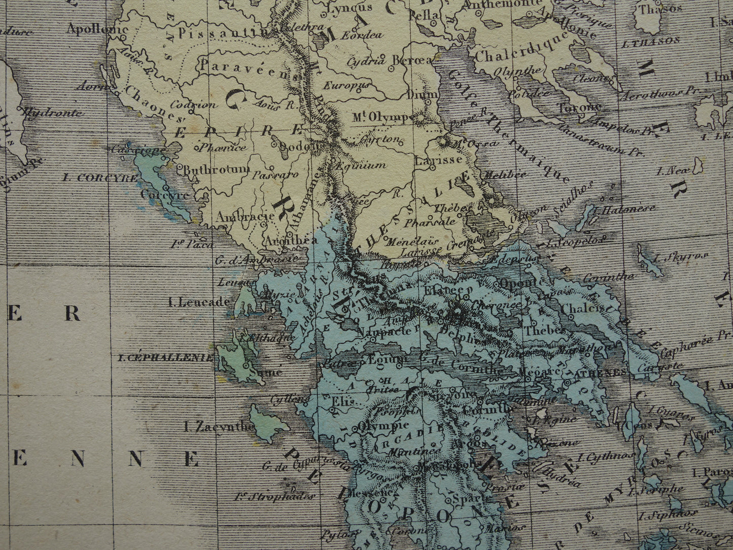 GRIEKENLAND in de oudheid - antieke kaart van Griekenland 140+ jaar oude Franse handgekleurde landkaart Athene Sparta