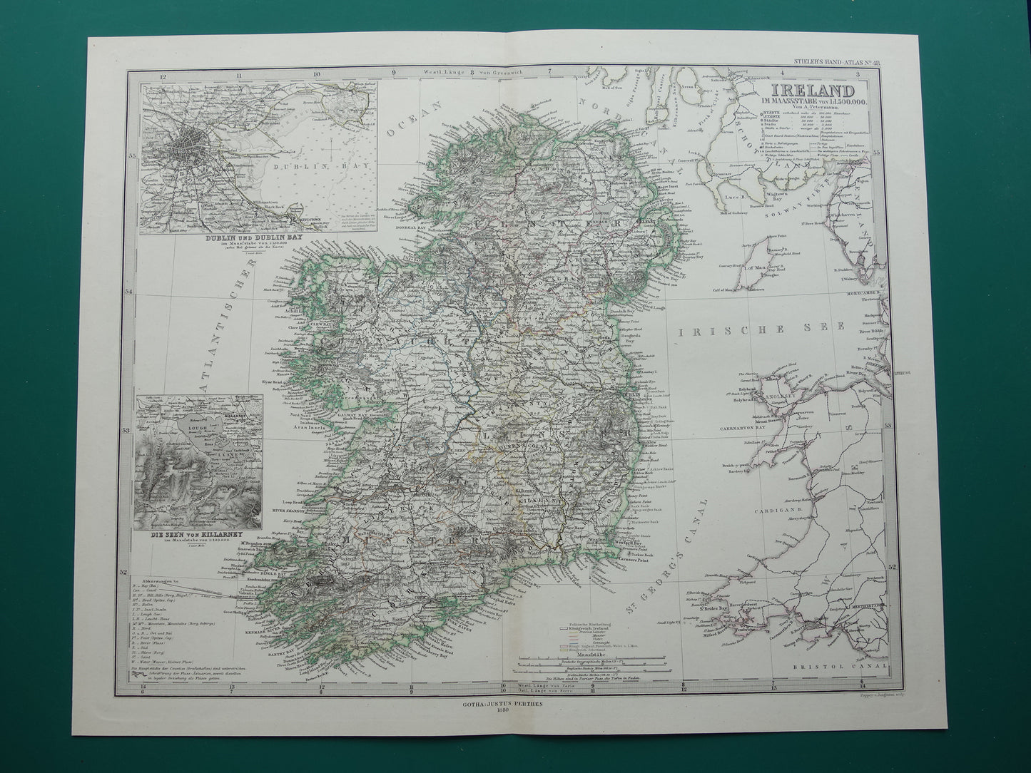 IERLAND antieke kaart van Ierland 1880 originele 145+ jaar oude Duitse landkaart van Ierland met jaartal