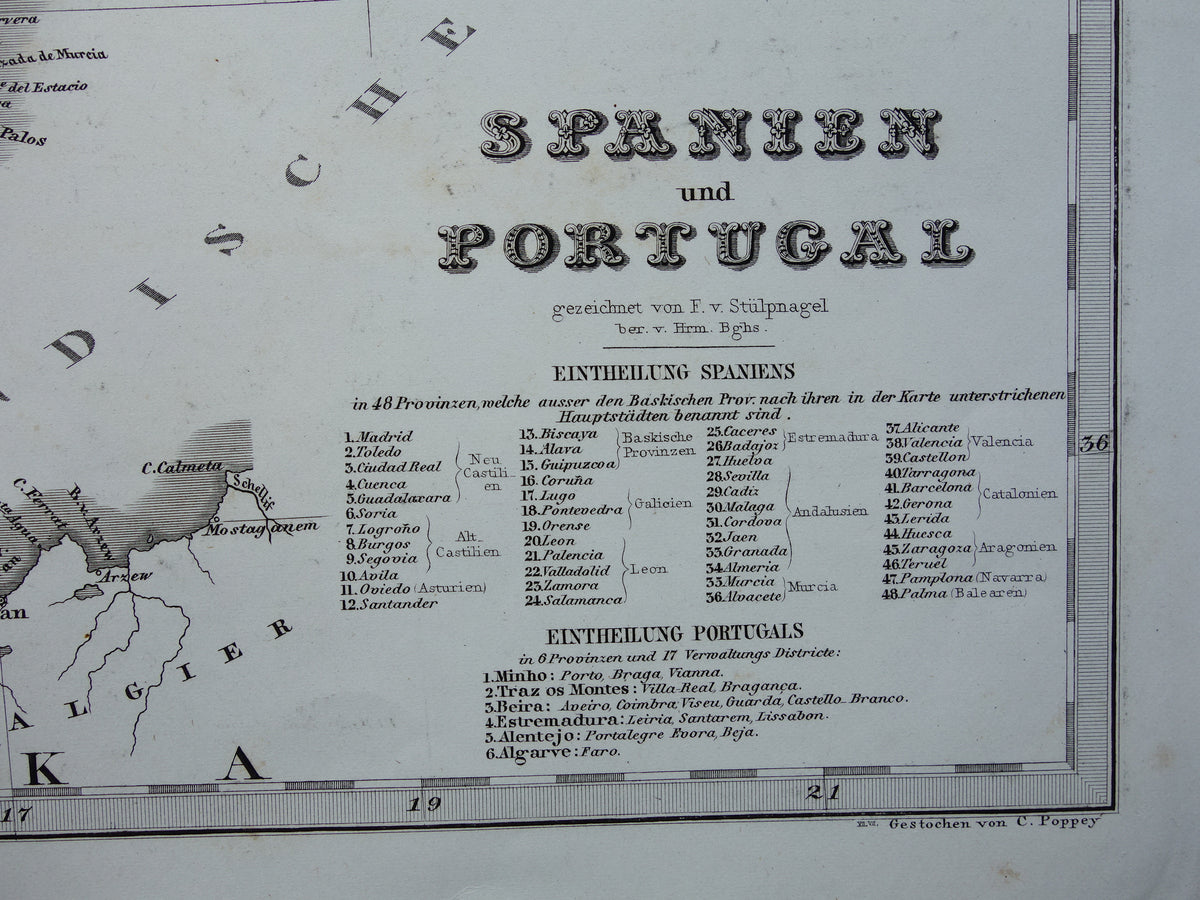 SPANJE Oude kaart van Spanje en Portugal uit 1868 originele antieke landkaart met jaartal