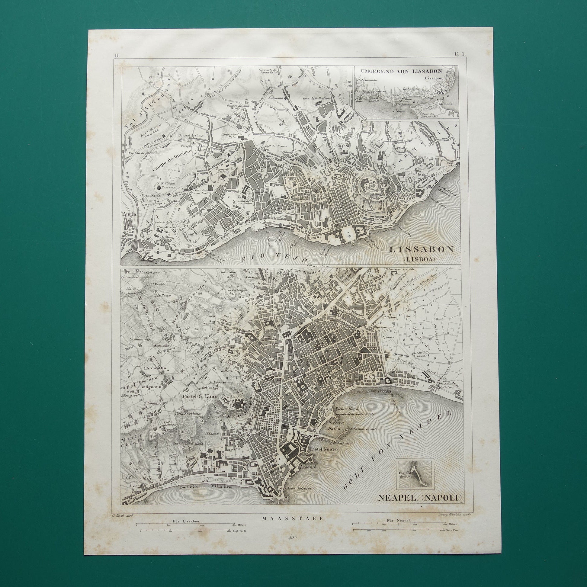 Lissabon en Napels oude kaart Antieke plattegrond Lisboa Napoli uit 1849 vintage kaarten