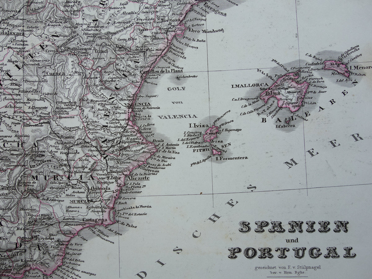 SPANJE Oude kaart van Spanje en Portugal uit 1868 originele antieke landkaart met jaartal
