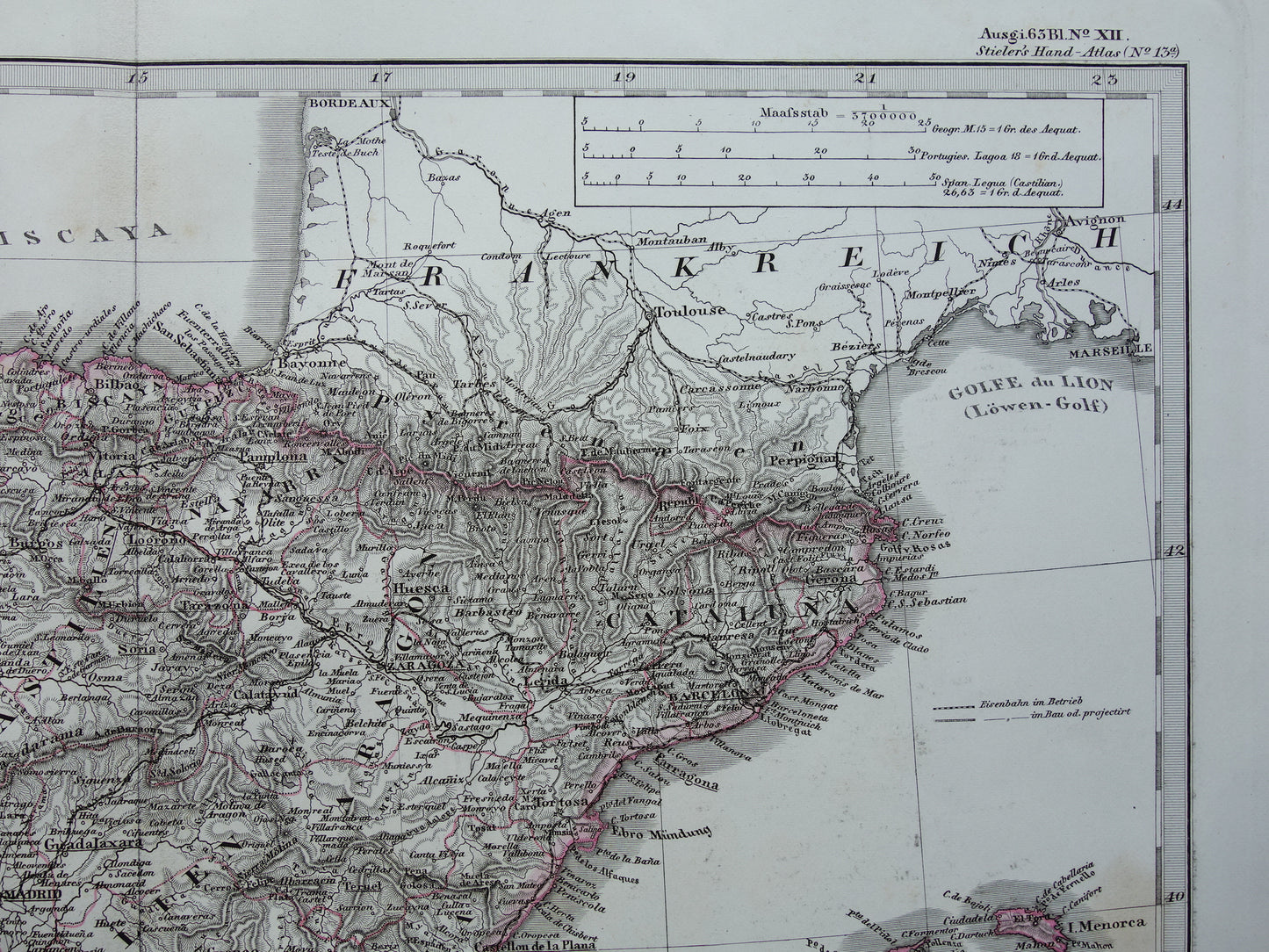 SPANJE Oude kaart van Spanje en Portugal uit 1868 originele antieke landkaart met jaartal