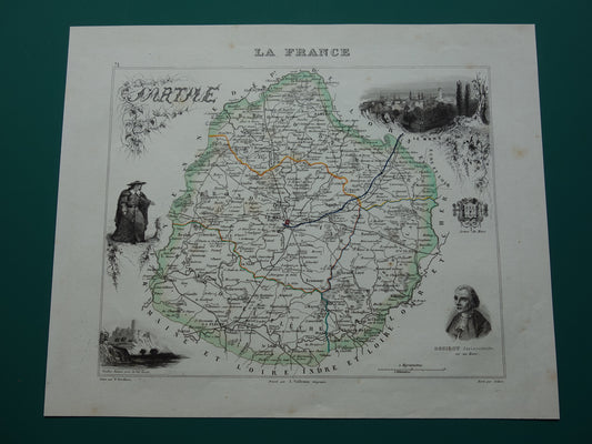 Antieke kaart van Sarthe departement in Frankrijk uit 1851 originele oude handgekleurde landkaart Le Mans