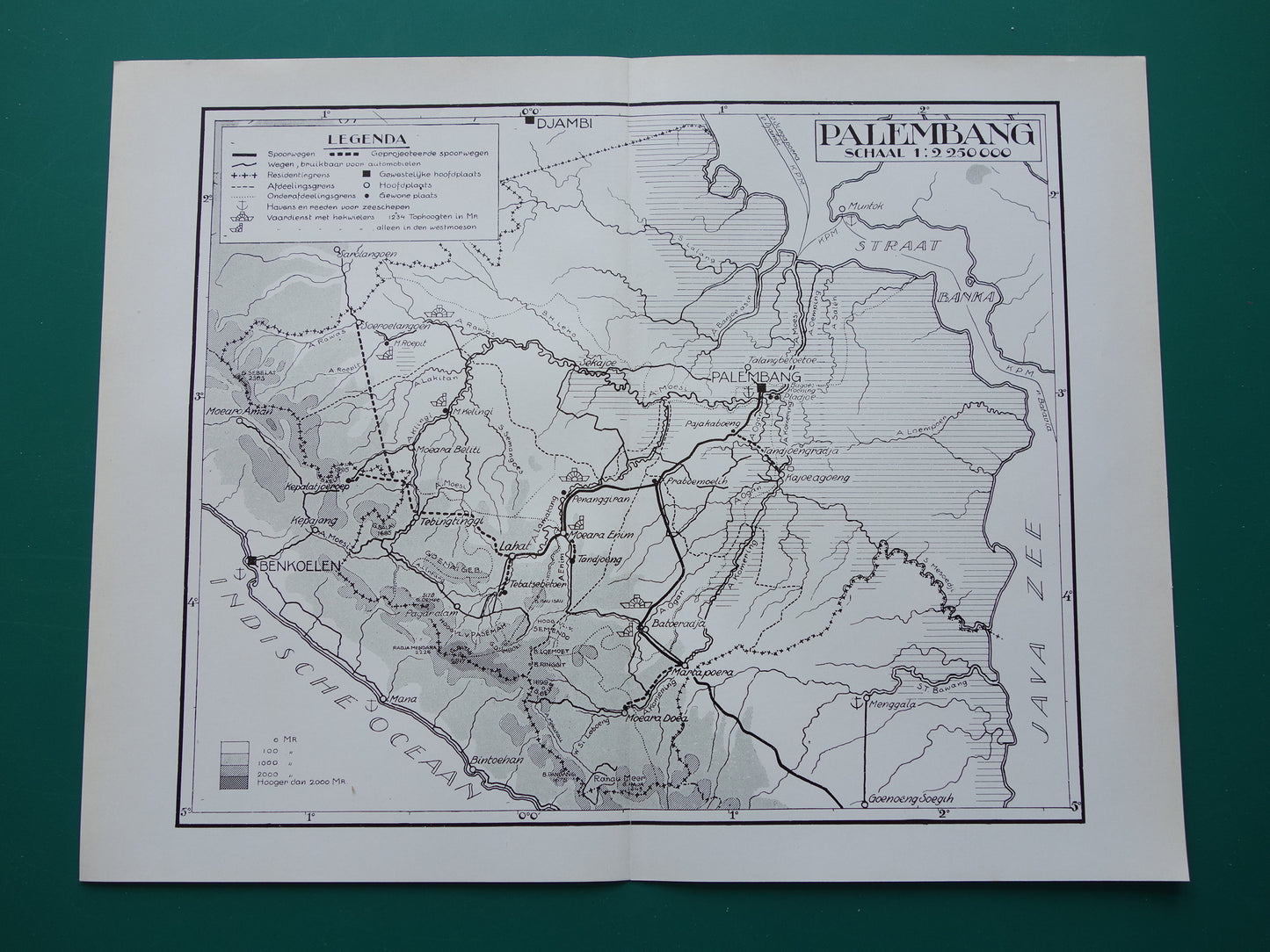 PALEMBANG oude kaart uit 1937 originele vintage landkaart van Palembang Sumatra Indonesië - Nederlandse kaart