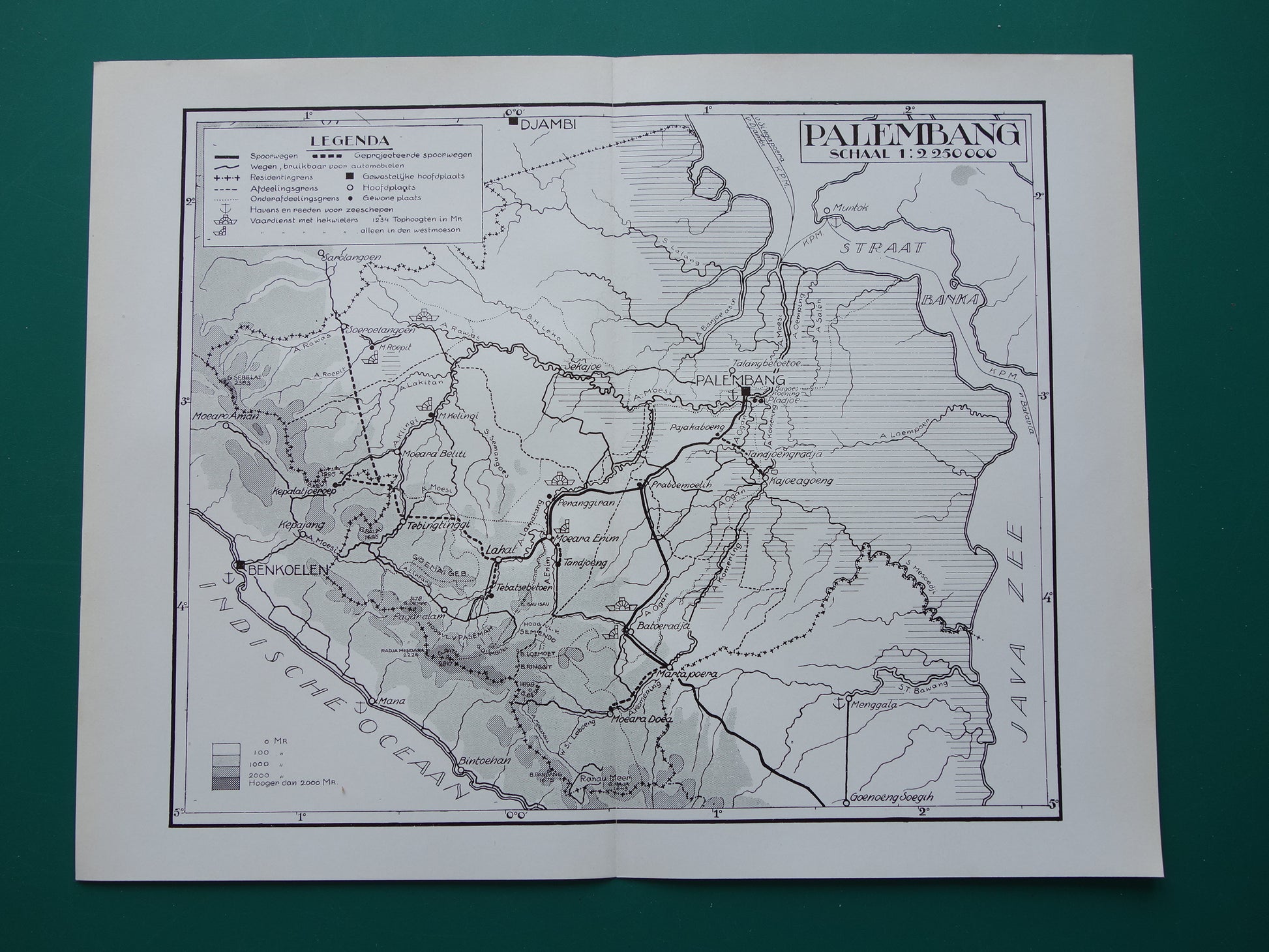 PALEMBANG oude kaart uit 1937 originele vintage landkaart van Palembang Sumatra Indonesië - Nederlandse kaart