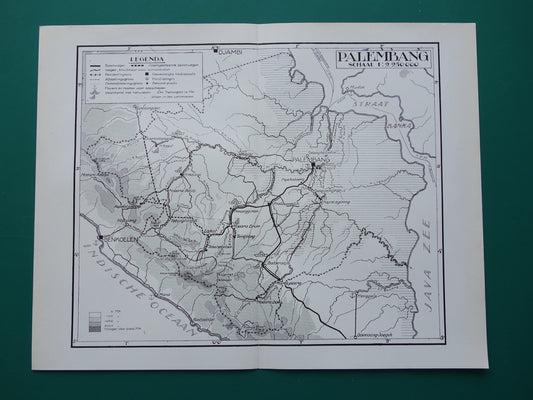 PALEMBANG oude kaart uit 1937 originele vintage landkaart van Palembang Sumatra Indonesië - Nederlandse kaart