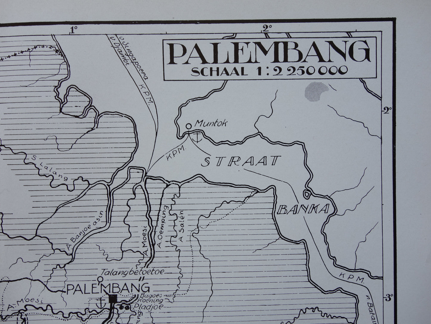 PALEMBANG oude kaart uit 1937 originele vintage landkaart van Palembang Sumatra Indonesië - Nederlandse kaart