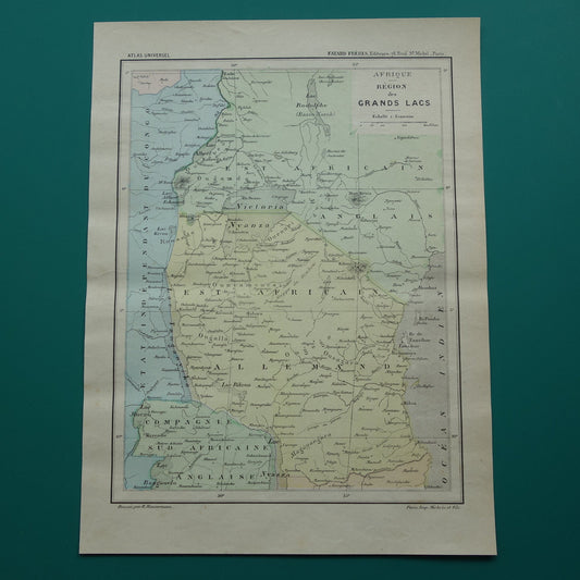 Oude kaart van Duits Oost-Afrika 1896 originele antieke kaart Zanzibar Afrika grote meren regio Victoria lake Nyanza Kilimanjaro vintage kaarten Tanzania