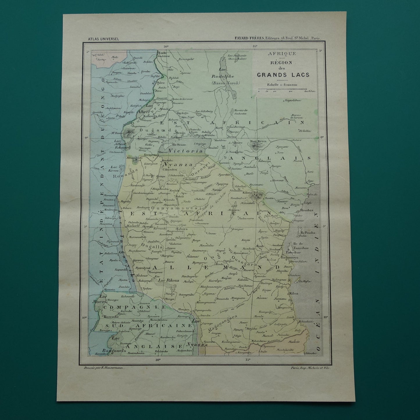 Oude kaart van Duits Oost-Afrika 1896 originele antieke kaart Zanzibar Afrika grote meren regio Victoria lake Nyanza Kilimanjaro vintage kaarten Tanzania
