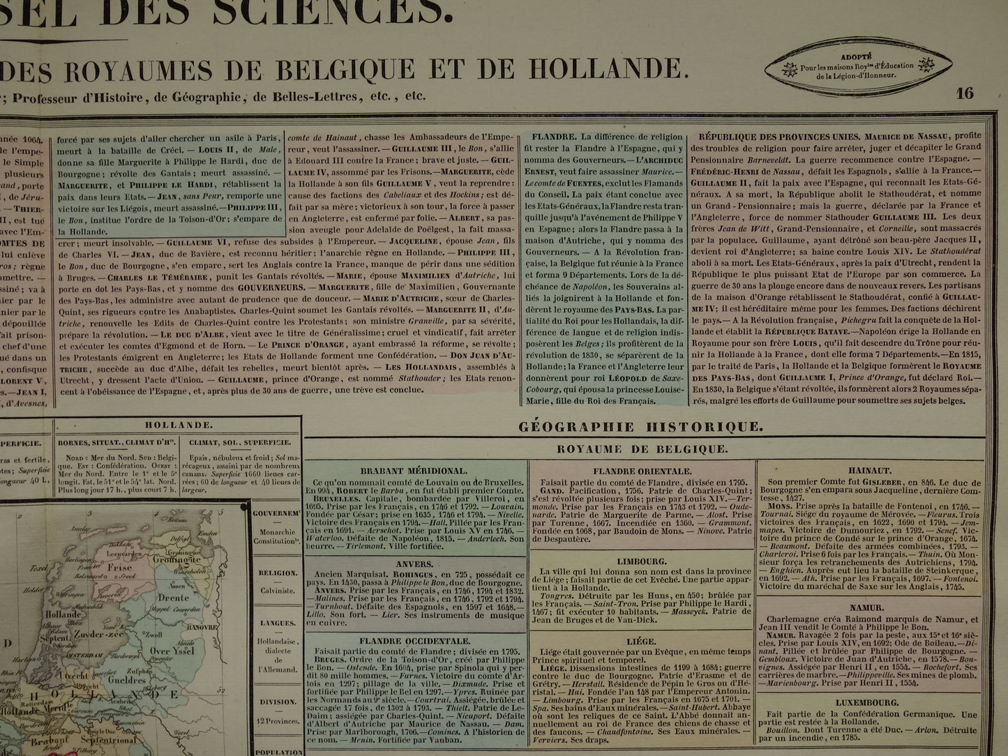 Nederland en België oude kaart 1837 grote antieke gravure over geschiedenis van België en Nederland met vintage landkaart