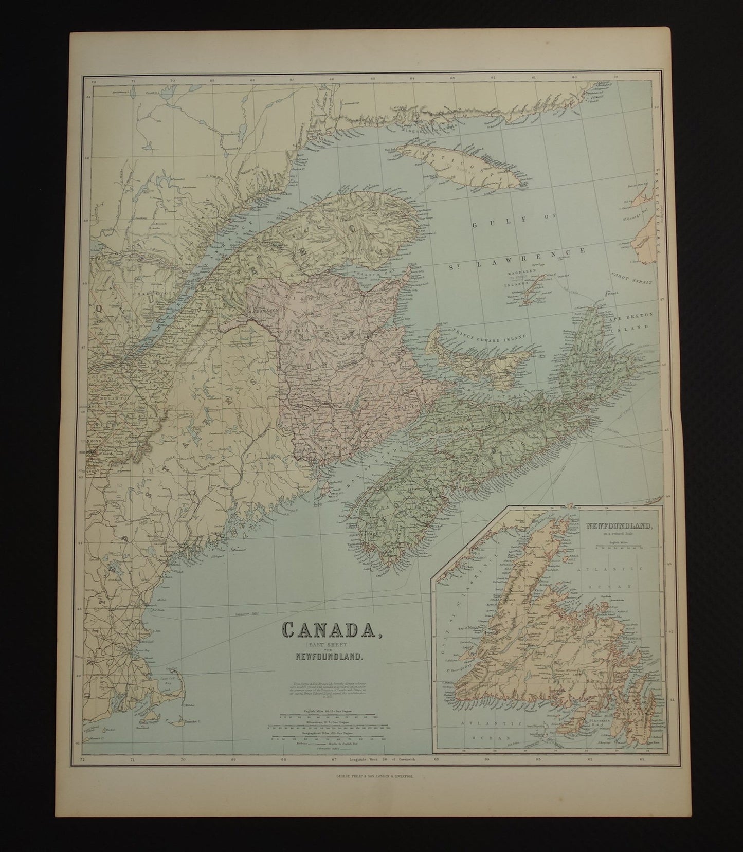 CANADA Grote antieke kaart van Newfoundland Quebec Nova Scotia Brunswick 1890 oude Engelse landkaart poster