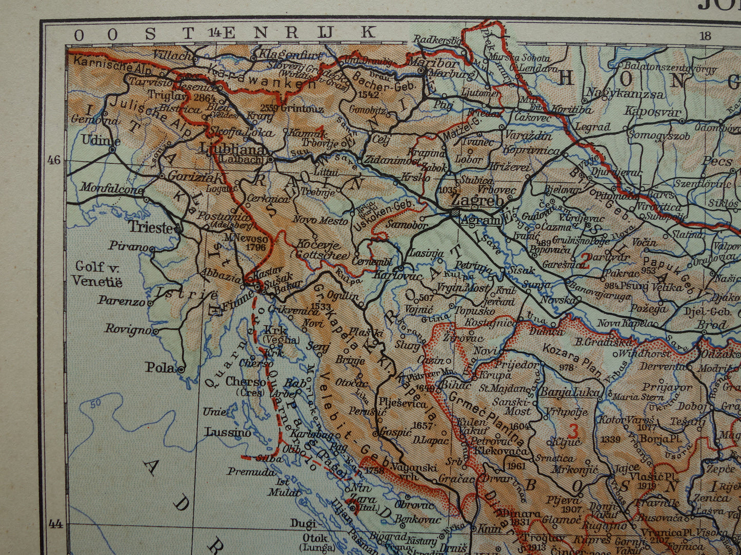 Joegoslavië oude gedetailleerde kaart van Joego-slavië uit 1936 originele vintage Nederlandse landkaart