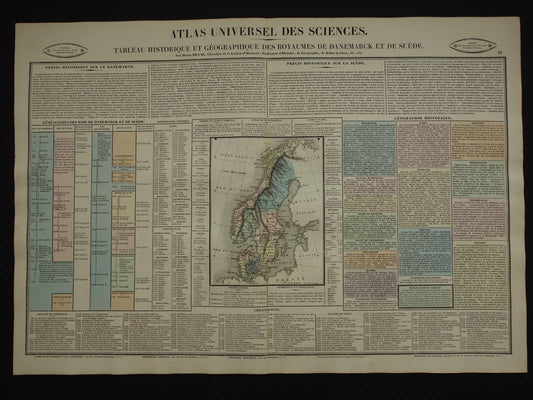 Denemarken en Zweden oude kaart 1837 grote antieke gravure over geschiedenis van Zweden en Denemarken met vintage landkaart