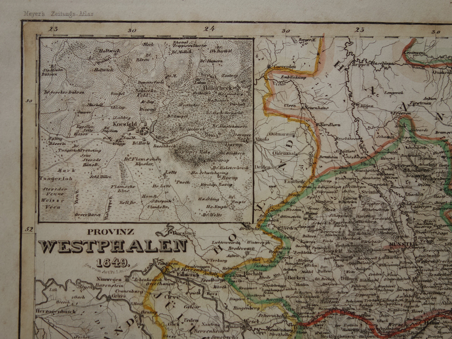 Oude kaart van provincie Westfalen Duitsland 175+ jaar oude handgekleurde landkaart Noordrijn-Westfalen Münster