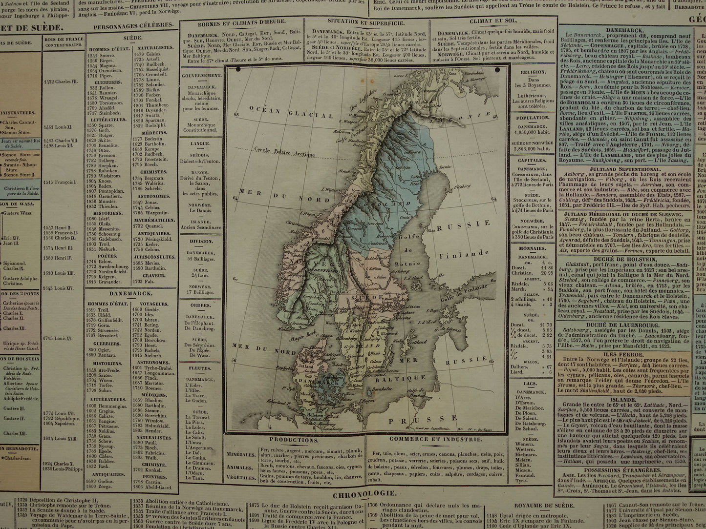 Denemarken en Zweden oude kaart 1837 grote antieke gravure over geschiedenis van Zweden en Denemarken met vintage landkaart