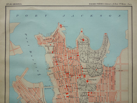 SYDNEY oude kaart van Sydney Australië uit 1896 originele antieke Franse plattegrond