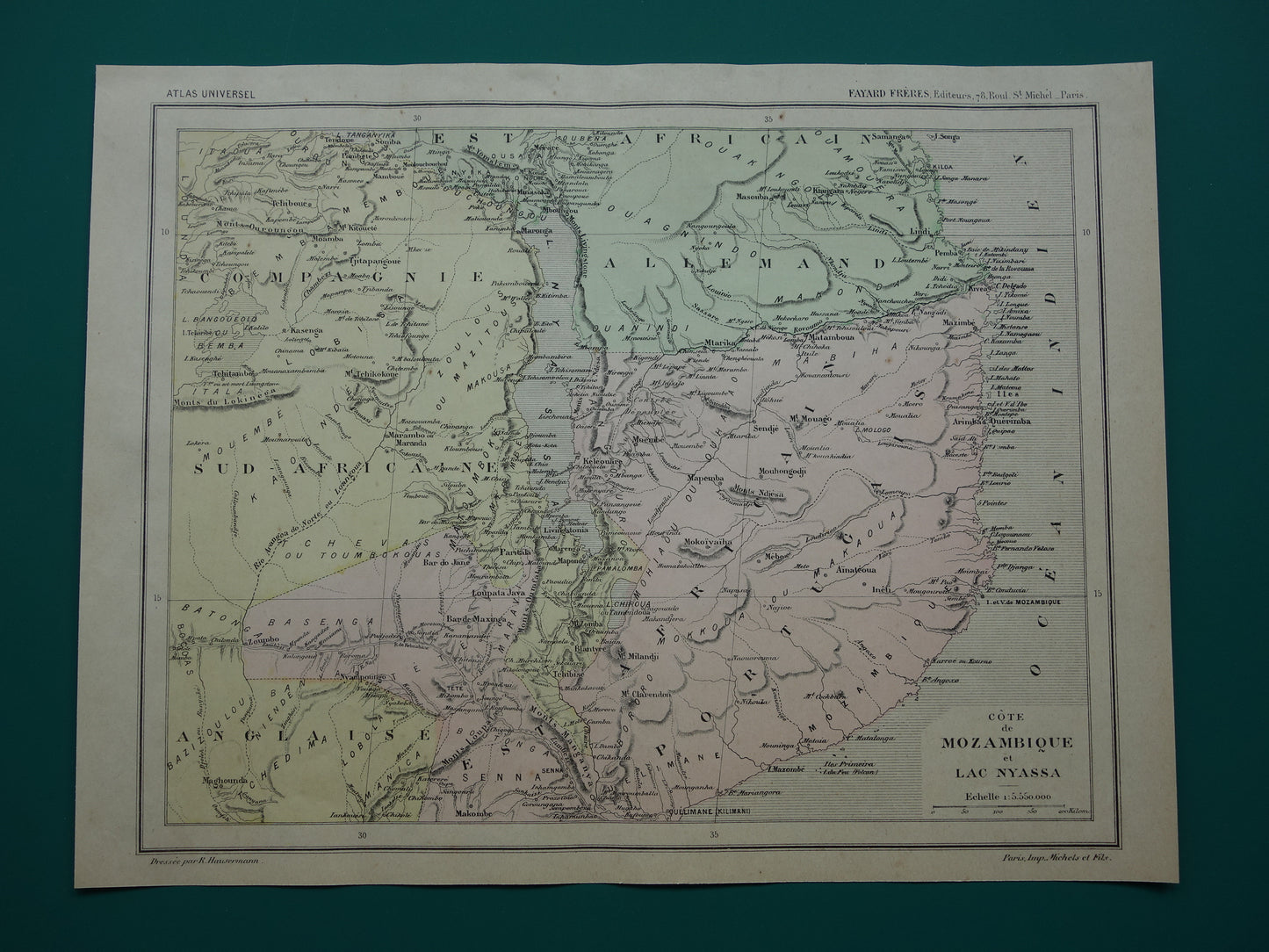 Mozambique Oude kaart van Mozambique Malawimeer uit 1896 antieke handgekleurde landkaart Lake Malawi