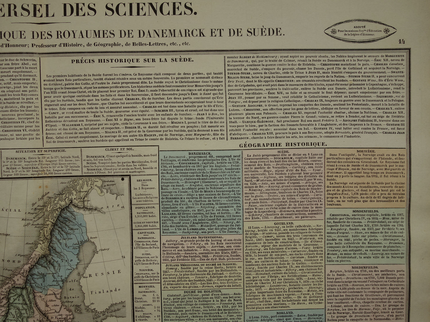 Denemarken en Zweden oude kaart 1837 grote antieke gravure over geschiedenis van Zweden en Denemarken met vintage landkaart