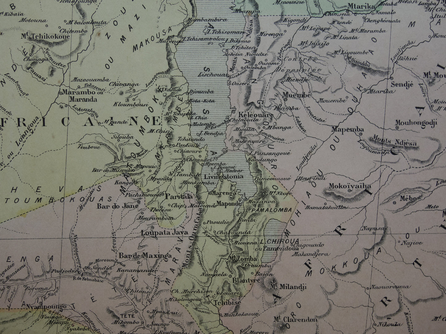 Mozambique Oude kaart van Mozambique Malawimeer uit 1896 antieke handgekleurde landkaart Lake Malawi