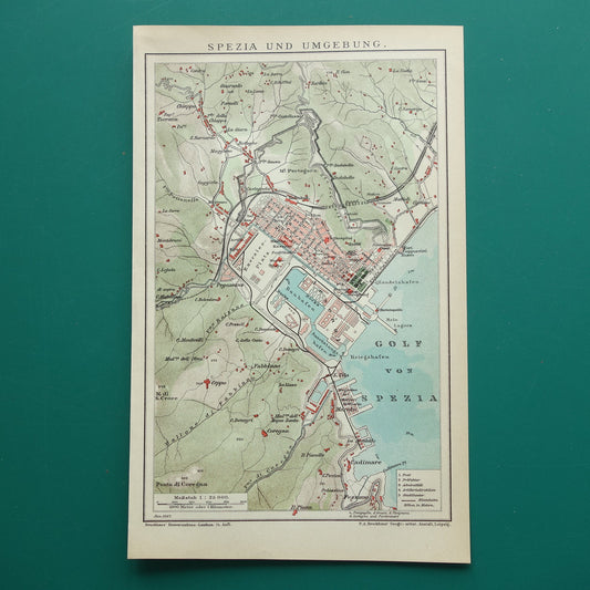 La Spezia Italië oude kaart uit 1907 originele antieke plattegrond met jaartal Duitse landkaart