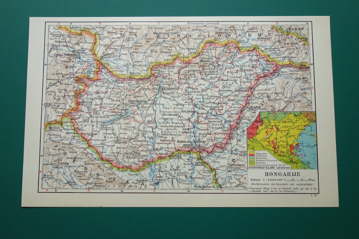 HONGARIJE oude kaart van Hongarije uit 1935 kleine originele vintage Nederlandse landkaart met etnografische kaart