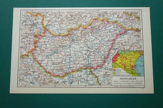 HONGARIJE oude kaart van Hongarije uit 1935 kleine originele vintage Nederlandse landkaart met etnografische kaart