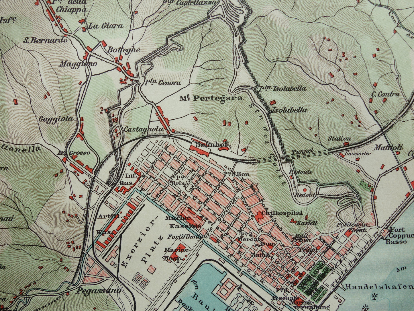 La Spezia Italië oude kaart uit 1907 originele antieke plattegrond met jaartal Duitse landkaart