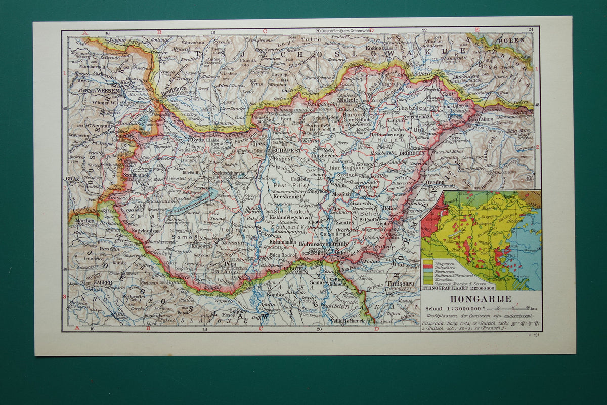 1935 old vintage map of Hungary for sale