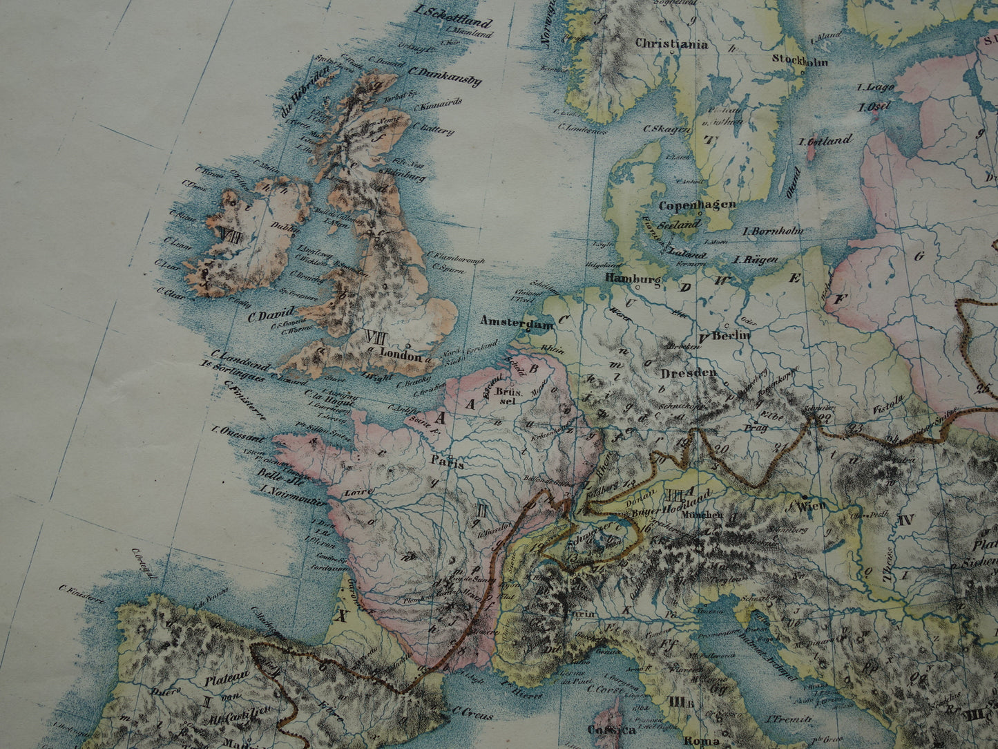 EUROPA grote oude kaart bergen van Europa uit 1840 originele antieke landkaart gebergten Europees continent hoogste bergtoppen Alpen Karpaten vintage print