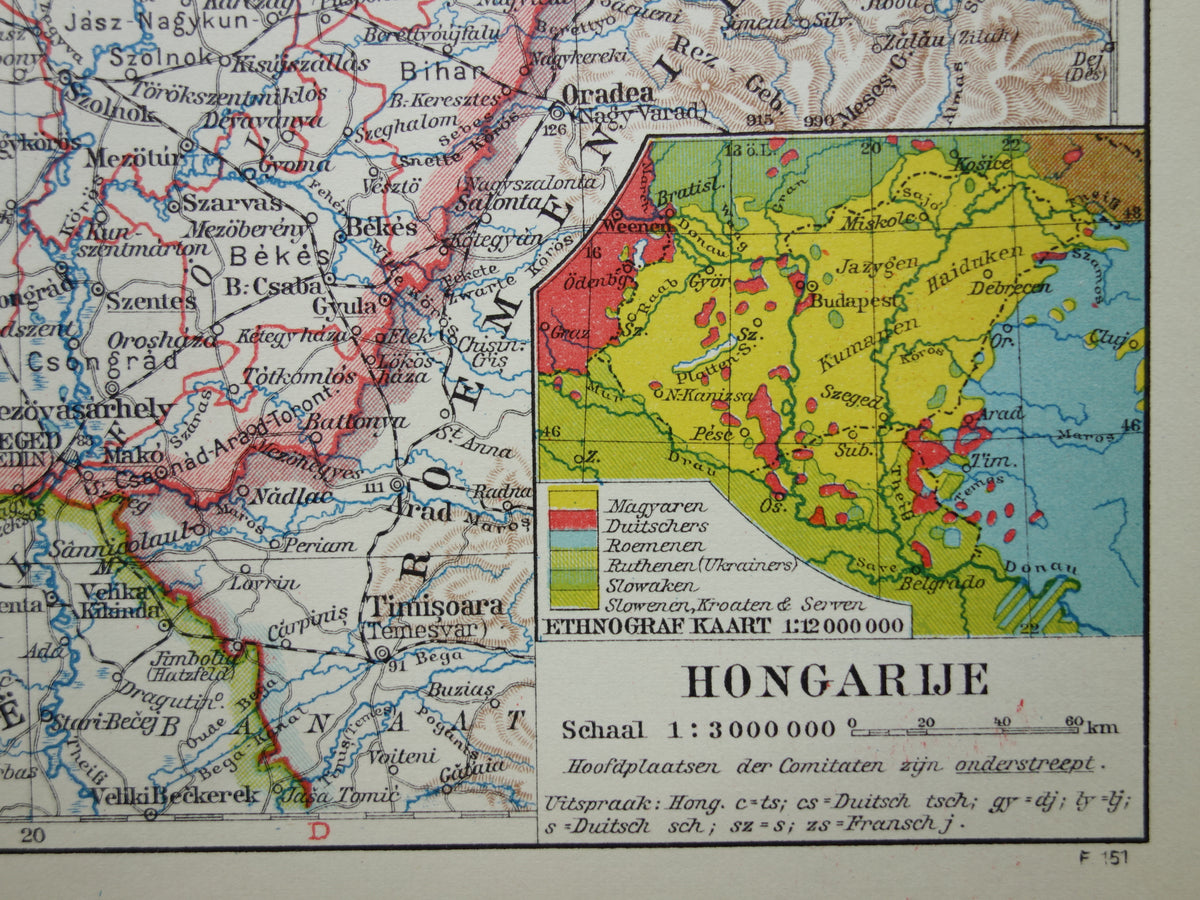 HONGARIJE oude kaart van Hongarije uit 1935 kleine originele vintage Nederlandse landkaart met etnografische kaart