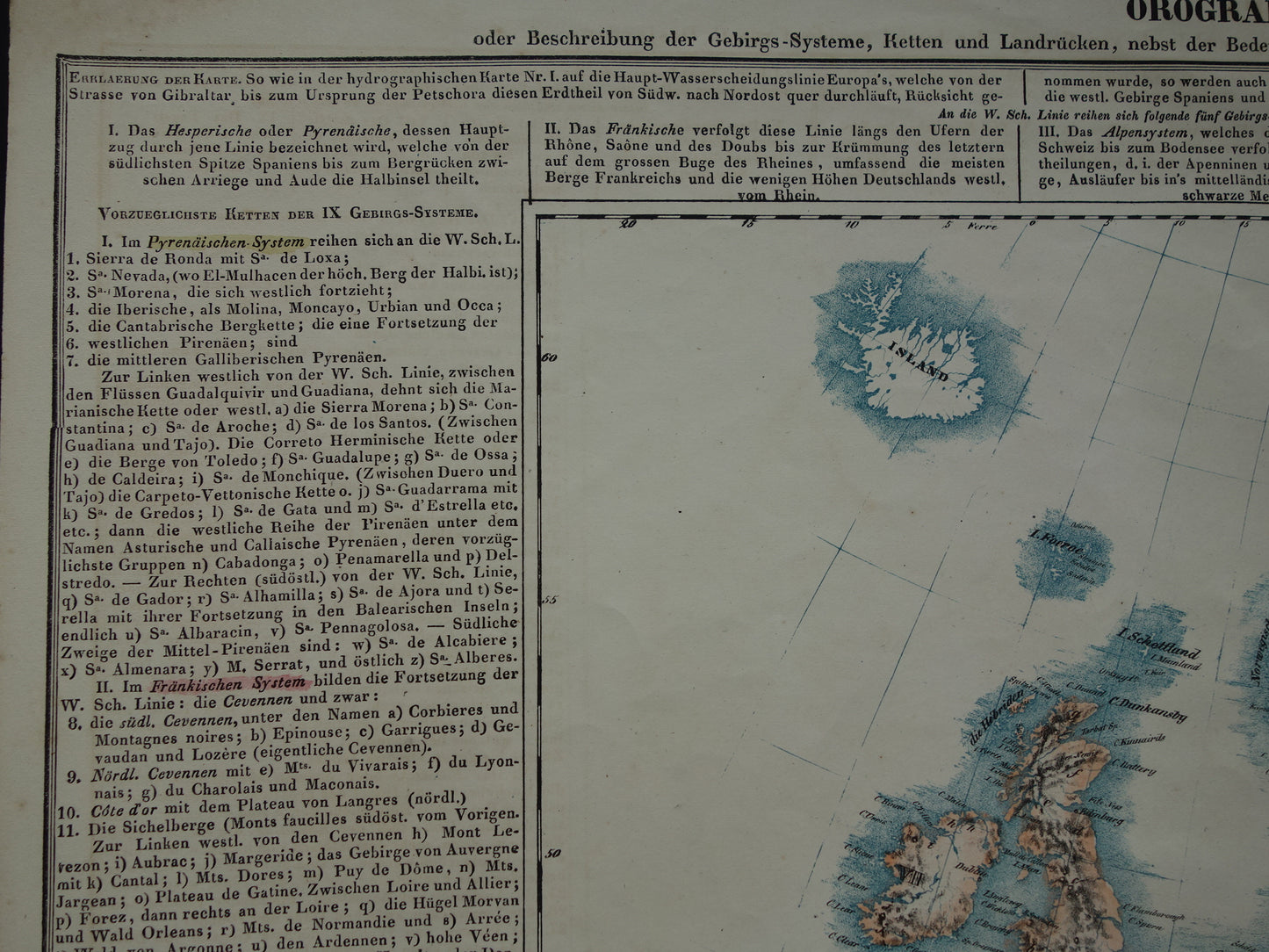 EUROPA grote oude kaart bergen van Europa uit 1840 originele antieke landkaart gebergten Europees continent hoogste bergtoppen Alpen Karpaten vintage print