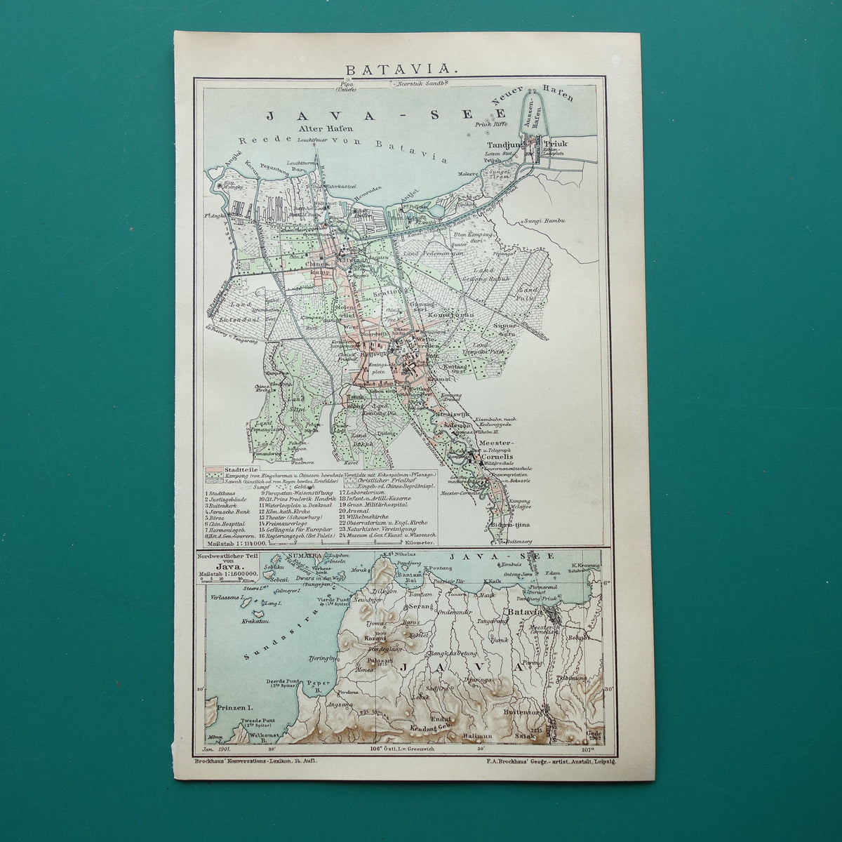 Antieke kaart van Jakarta Indonesië 1901 kleine originele oude plattegrond Batavia vintage kaarten met jaartal