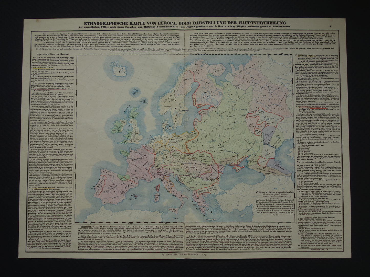 Antieke etnografische kaart van EUROPA 1840 originele antieke landkaart volkeren van Europa - Ethnographische Karte von Europa Desjardins