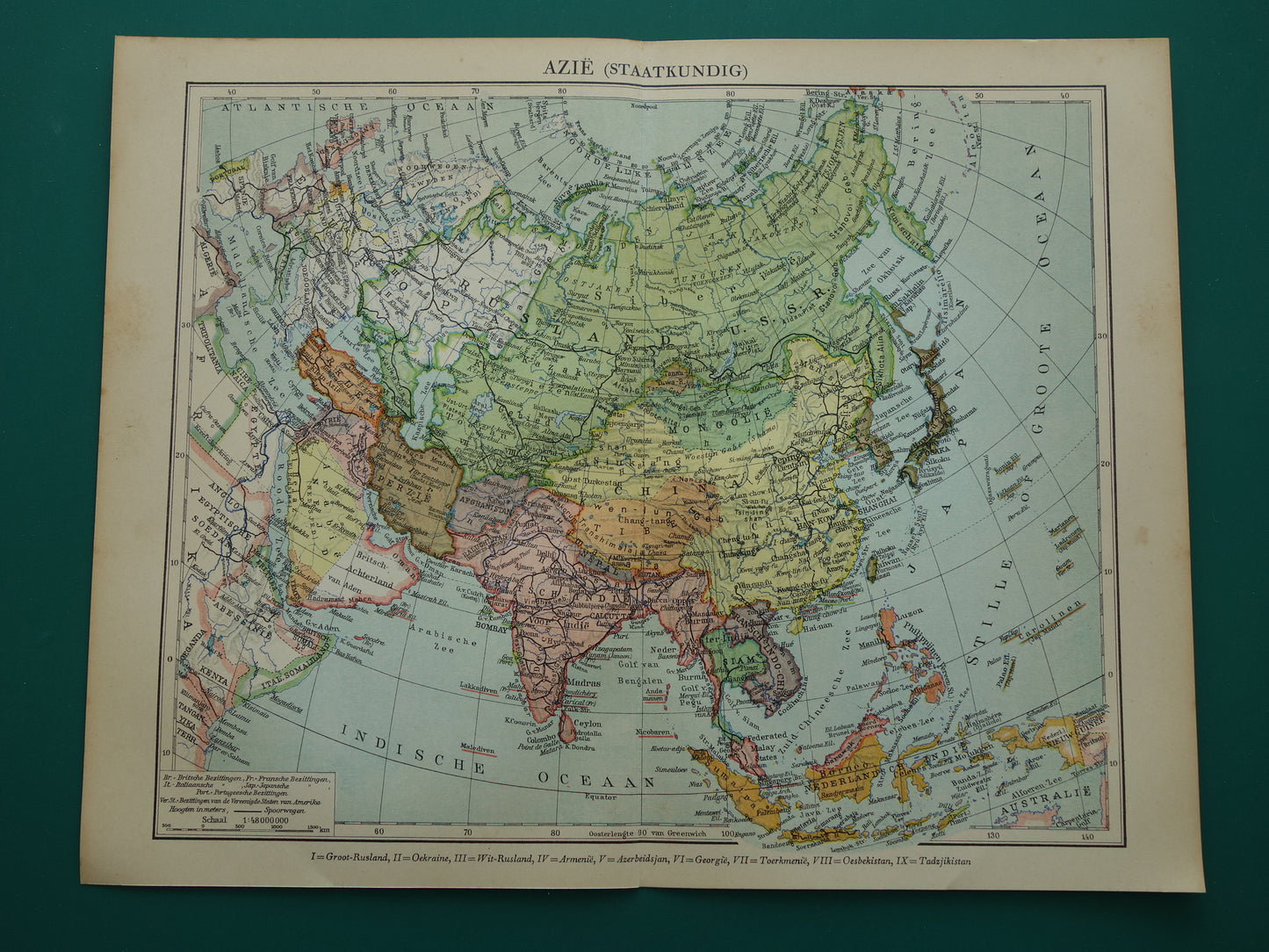 AZIË oude landkaart van continent Azië uit 1936 originele Nederlandse vintage kaart