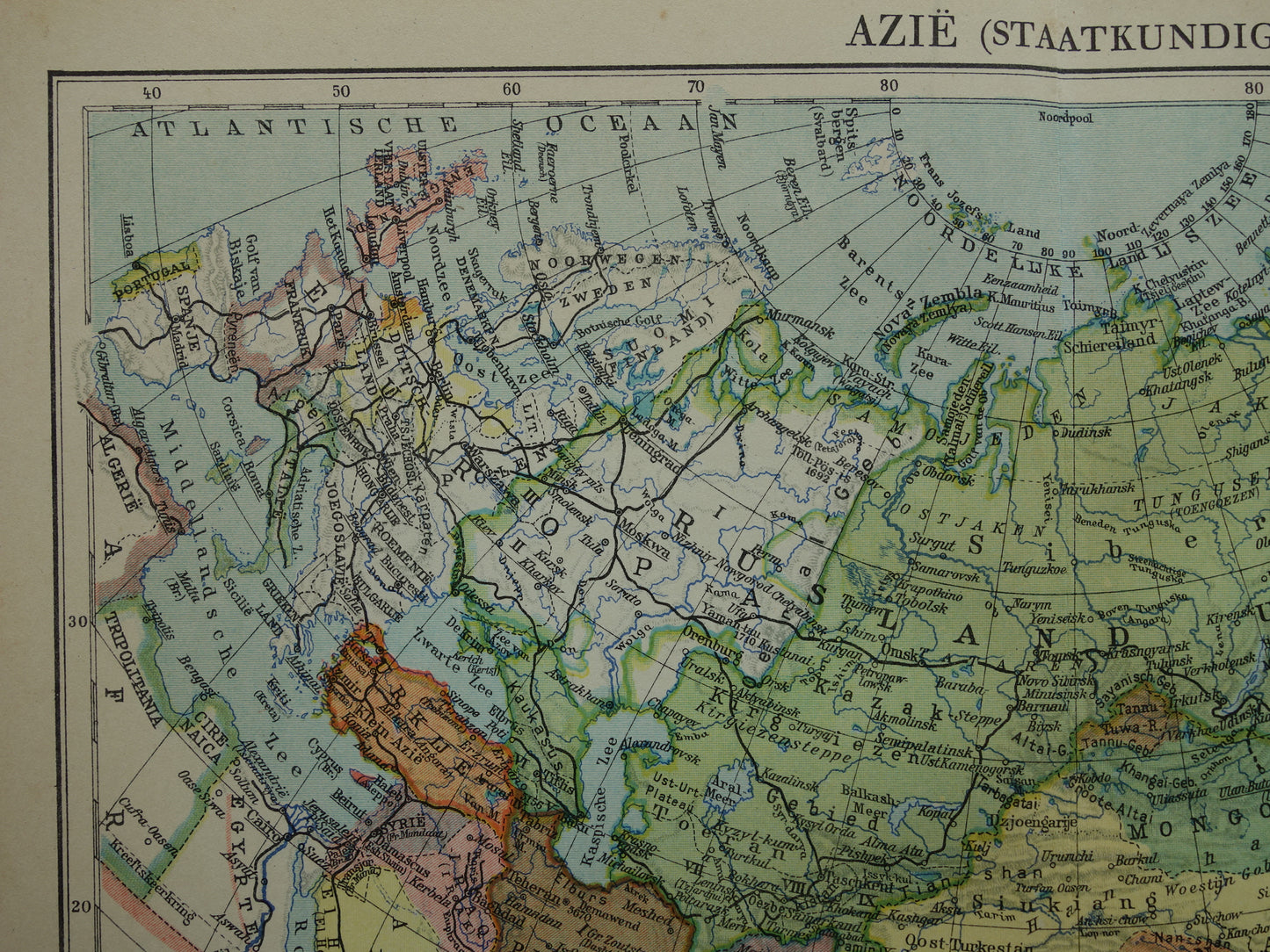 AZIË oude landkaart van continent Azië uit 1936 originele Nederlandse vintage kaart